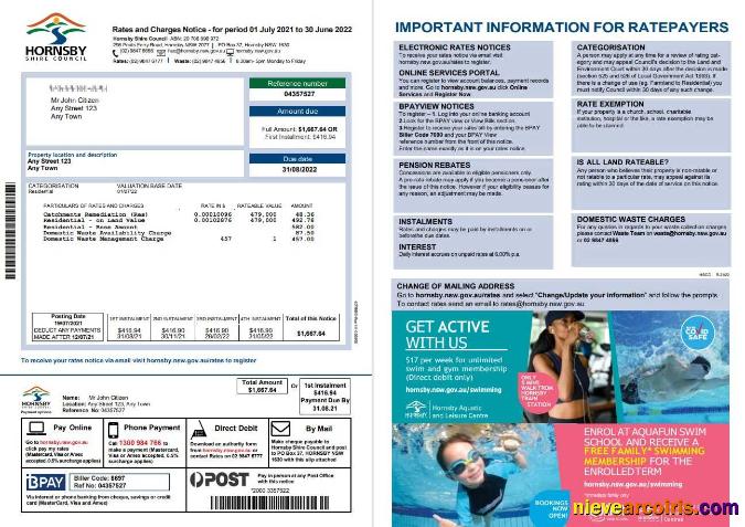 Australia NSW Hornsby Shire Council utility bill, 2 pages